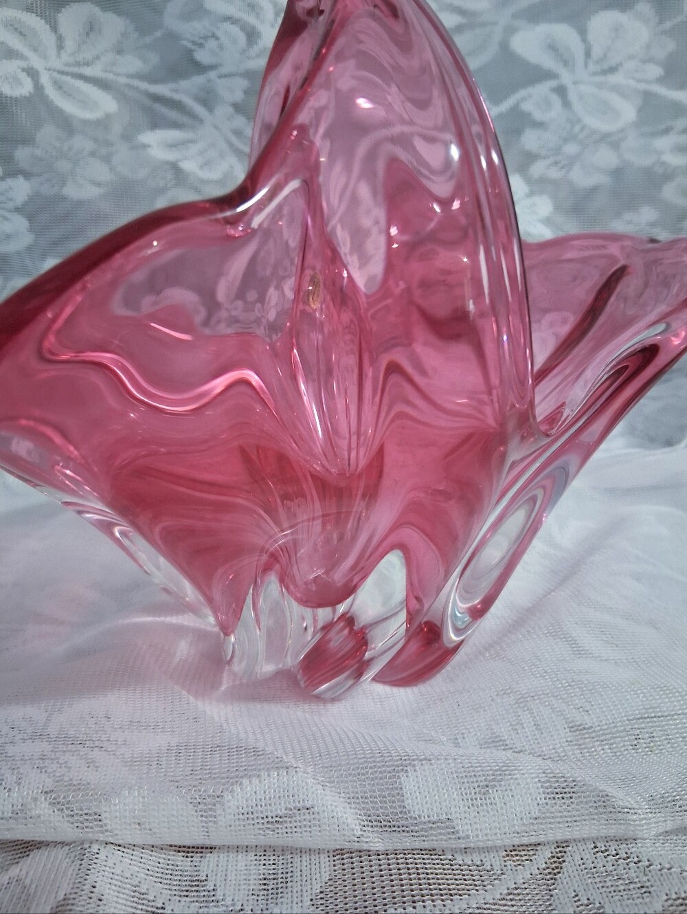 Vintage Bohemian Art Glass Basket Cranberry Clear Cased Glass Mid Century Czech - Picture 10 of 16